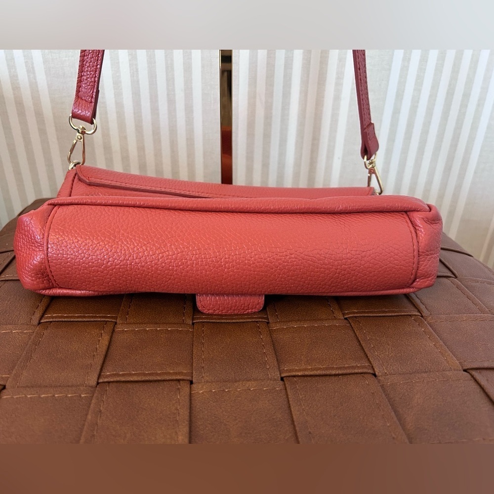 Divina Firenze Italy 100% Pebbled Lea Crossbody Bag Coral Orange Italian Flap - Picture 10 of 10